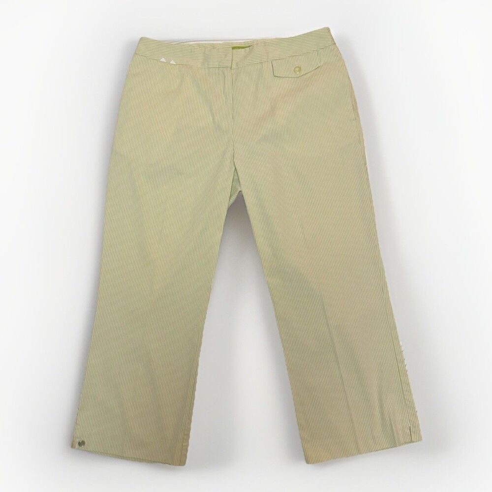 Sigrid Olsen Cropped Pants Striped Seer Sucker Size 10 Green White Spring Summer